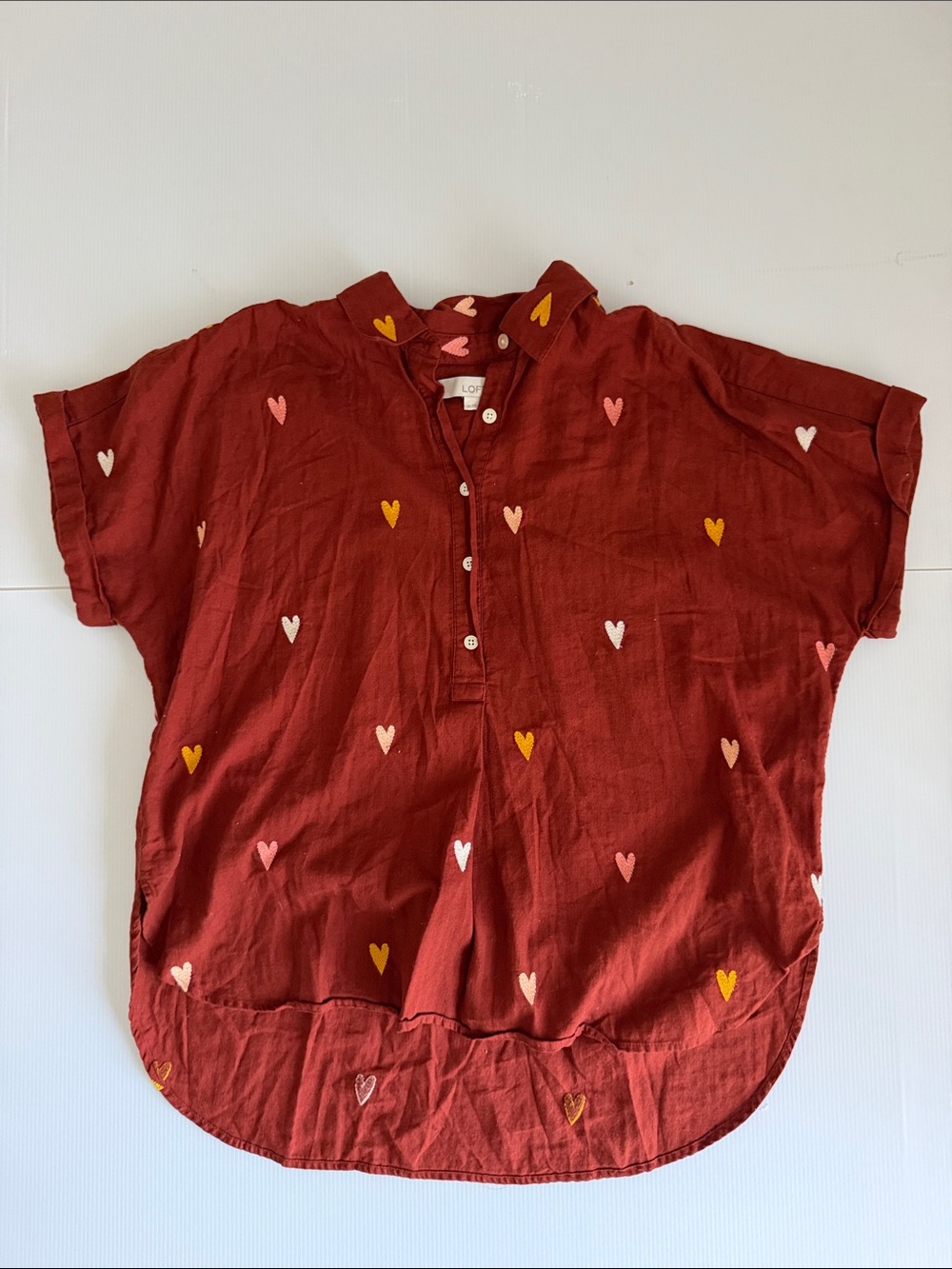 LOFT Embroidered Heart Short Sleeve 100% Cotton Top Size Medium Chocolate Brown